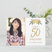 Invitation Parties scintillant d'or Rose & Feuilles botanique (Debout devant)