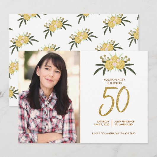 Invitation Parties scintillant d'or Rose & Feuilles botanique (Devant / Derrière)