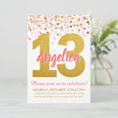 Invitation Parties scintillant d'or rose Fille Confetti 13e a (Debout devant)