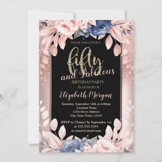 Invitation Parties scintillant d'or rose Fleurs bleues 50e fê (Devant)
