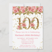Invitation Parties scintillant d'or rose floral 100e fête d'a (Devant)