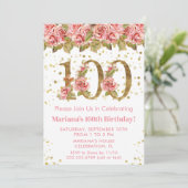 Invitation Parties scintillant d'or rose floral 100e fête d'a (Debout devant)