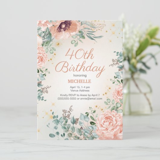 Invitation Parties scintillant d'or rose floral 40e anniversa (Debout devant)