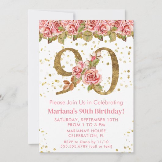 Invitation Parties scintillant d'or rose floral 90e fête d'an (Devant)