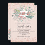 Invitation parties scintillant d'or rose floral brun hébreu B<br><div class="desc">Élégant bouquet floral rose et vert pâle,  avec une Etoile blanche de David éditable,  avec des confettis Bat mitzvah et rose de parties scintillant dorée de nom hébreu. Une invitation simple et chic.</div>