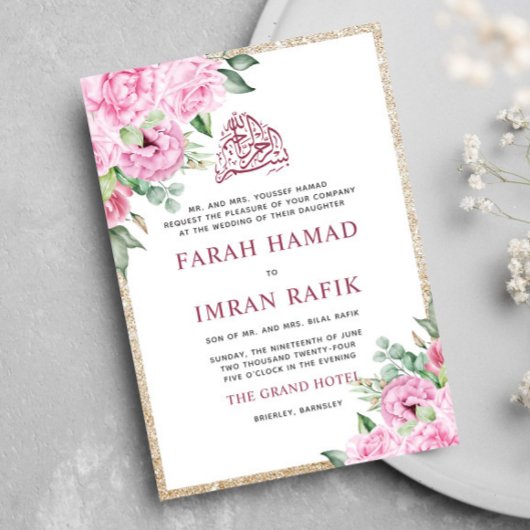 Invitation Parties scintillant d'or rose floral Mariage musul