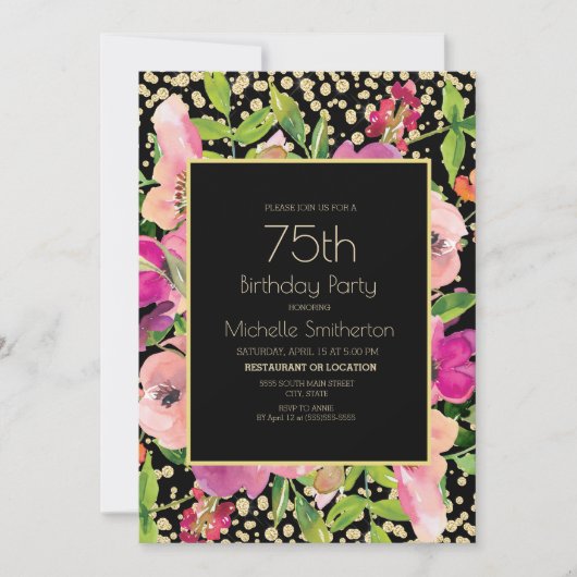 Invitation Parties scintillant d'or rose floral noir 75e anni (Devant)