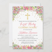 Invitation Parties scintillant d'or Rose Floral Première Comm (Devant)