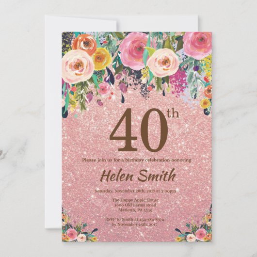 Invitation Parties scintillant d'or Rose Floral rose 40e anni (Devant)