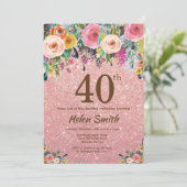 Invitation Parties scintillant d'or Rose Floral rose 40e anni (Debout devant)