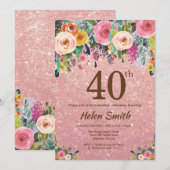 Invitation Parties scintillant d'or Rose Floral rose 40e anni (Devant / Derrière)