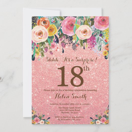Invitation Parties scintillant d'or rose Floral Surprise 18e  (Devant)