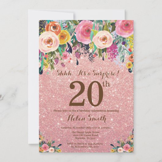 Invitation Parties scintillant d'or rose Floral Surprise 20e  (Devant)