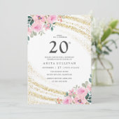 Invitation Parties scintillant d'or rose floral Vingt-vingtiè (Debout devant)