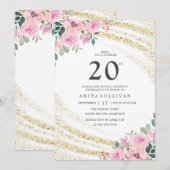 Invitation Parties scintillant d'or rose floral Vingt-vingtiè (Devant / Derrière)