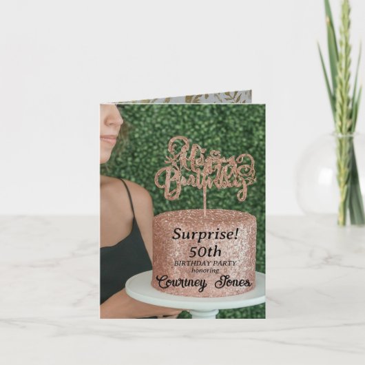 Invitation Parties scintillant d'or rose gâteau d'anniversair (Devant)