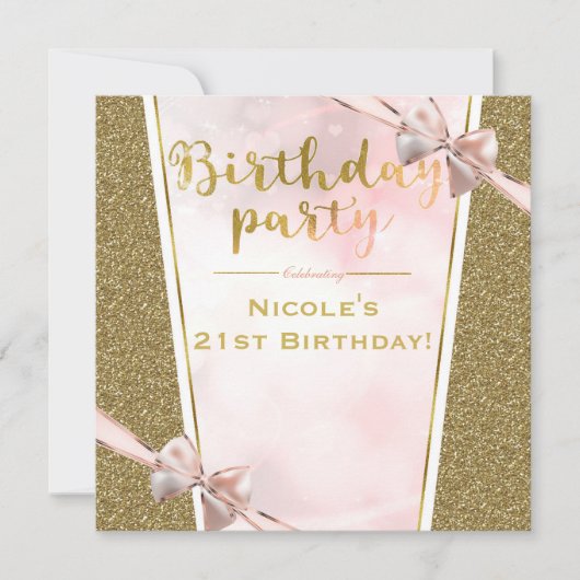 Invitation Parties scintillant d'or rose Glam Sparkle Bow fêt (Devant)