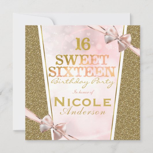 Invitation Parties scintillant d'or rose glam Sweet 16 Bow fê (Devant)
