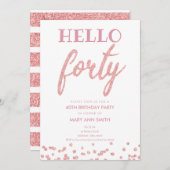 Invitation Parties scintillant d'or rose "Hello Quarty" fête  (Devant / Derrière)