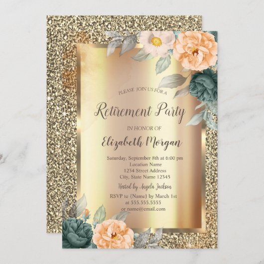 Invitation Parties scintillant d'or Rose jaune (Devant / Derrière)