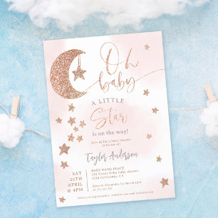 Invitation parties scintillant d'or rose lune étoiles nuages 