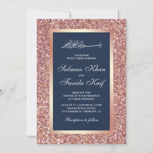 Invitation Parties scintillant d'or rose Marine Bleu islamiqu (Devant)