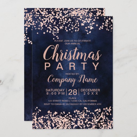 Invitation parties scintillant d'or rose marine entreprise fê (Devant / Derrière)