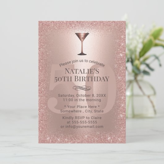 Invitation Parties scintillant d'or Rose moderne 50th Birthda (Debout devant)