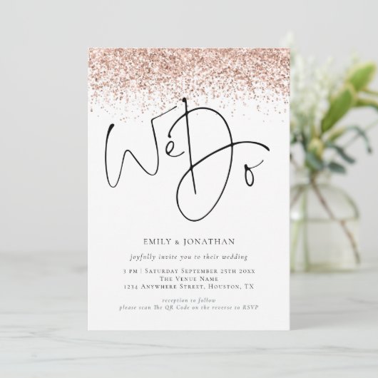 Invitation Parties scintillant d'or rose Nous faisons QR Mari (Debout devant)