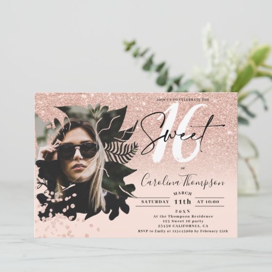 Invitation parties scintillant d'or rose ombre floral rose ph (Debout devant)