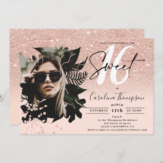 Invitation parties scintillant d'or rose ombre floral rose ph (Devant / Derrière)