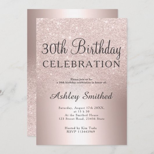 Invitation parties scintillant d'or Rose ombre métallique 30e (Devant / Derrière)
