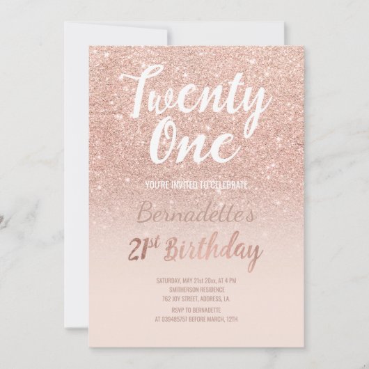Invitation parties scintillant d'or rose ombre script chic 21 (Devant)