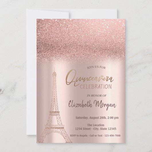 Invitation Parties scintillant d'or rose Ombre, Tour Eiffel Q (Devant)