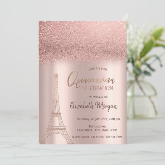 Invitation Parties scintillant d'or rose Ombre, Tour Eiffel Q (Debout devant)
