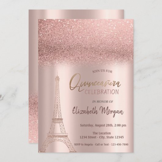 Invitation Parties scintillant d'or rose Ombre, Tour Eiffel Q (Devant / Derrière)