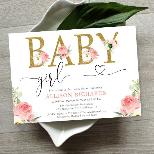 Invitation Parties scintillant d'or rose pâle floral baby sho