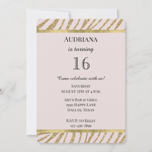 Invitation Parties scintillant d'or rose pâle Zebra Animal An (Devant)