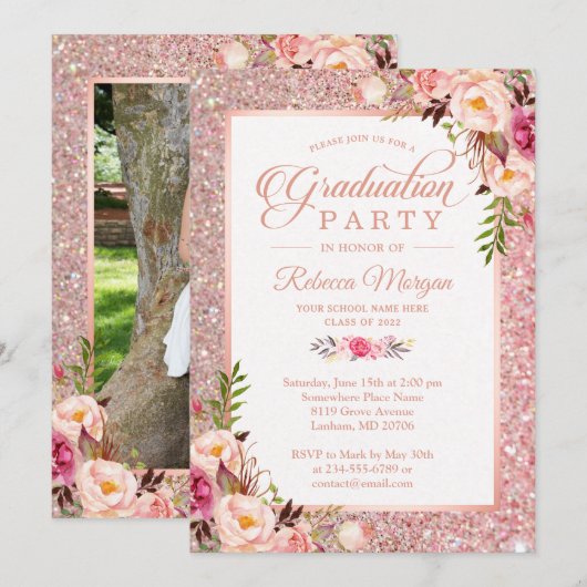 Invitation Parties scintillant d'or rose Pink Floral Graduati (Devant / Derrière)