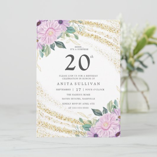 Invitation Parties scintillant d'or Rose pourpre Vingt-20e an (Debout devant)