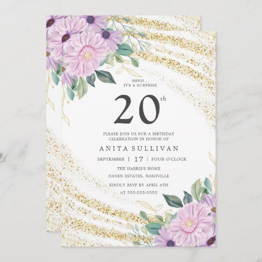 Invitation Parties scintillant d'or Rose pourpre Vingt-20e an (Devant / Derrière)