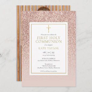 Invitation Parties scintillant d'or Rose Première communion s