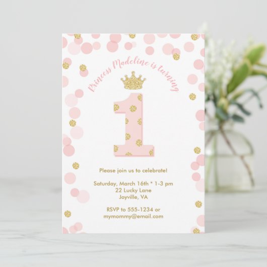 Invitation Parties scintillant d'or rose Princesse 1er annive (Debout devant)