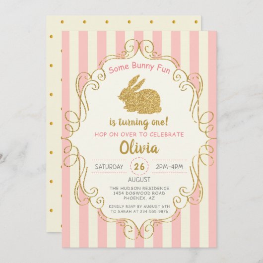 Invitation Parties scintillant d'or rose Quelques Bunny Invit (Devant / Derrière)