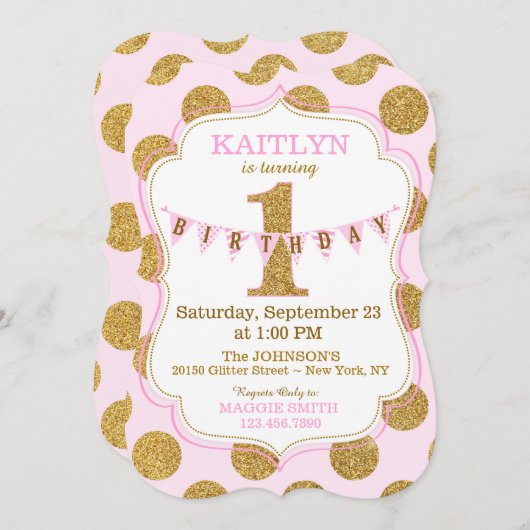 Invitation Parties scintillant d'or rose Sparkle Premier anni (Devant / Derrière)