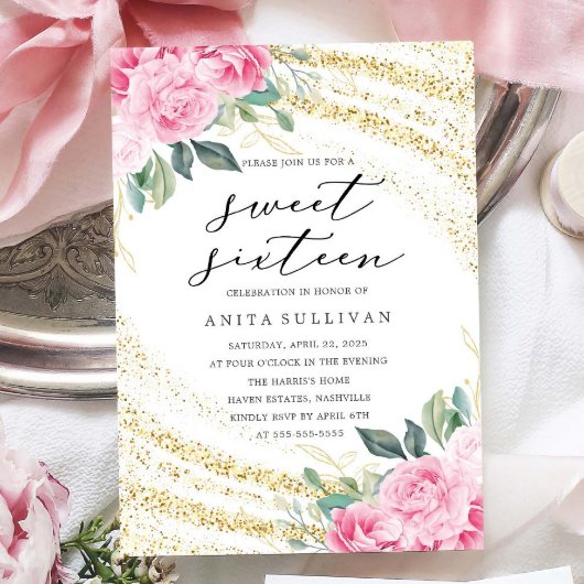 Invitation Parties scintillant d'or Rose Sweet sixteen 16 Ann