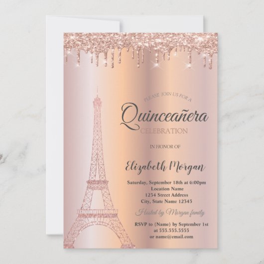 Invitation Parties scintillant d'or rose Tour Eiffel, Drives  (Devant)