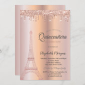Invitation Parties scintillant d'or rose Tour Eiffel, Drives  (Devant / Derrière)