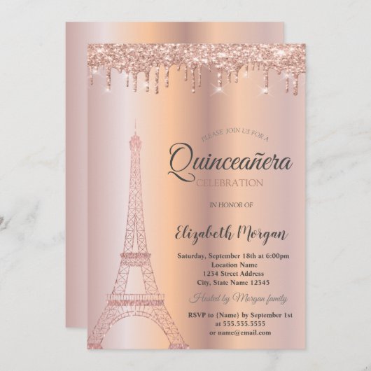 Invitation Parties scintillant d'or rose Tour Eiffel, Drives (Devant / Derrière)