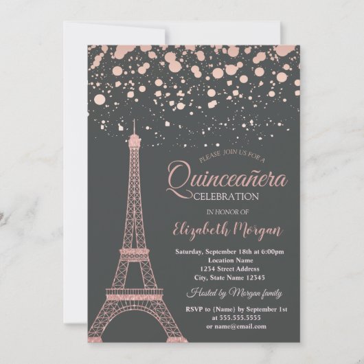 Invitation Parties scintillant d'or rose Tour Eiffel, Points  (Devant)
